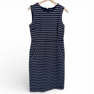 Lands End 8 Navy White Striped Ribbed Sheath Dress Pockets Sleeveless Nautical